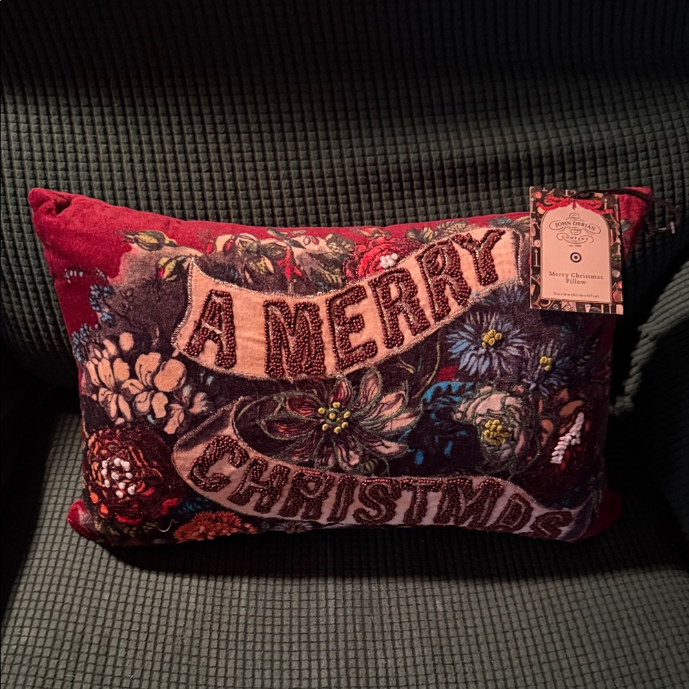 John Derian Merry Christmas Pillow BNWT So Pretty!
